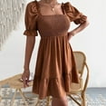 thumbnail image 6 of Mrat Women's Short Puff Sleeve Squares Neck Solid Flowy a Line Short Dresses Can Wear off Shoulder S-24 Brown s, 6 of 6