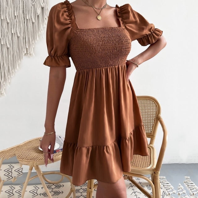 Fankiway Robe Unie à Manches Courtes pour Femmes, Printemps et Été, Ceinture à la Taille, Manches à Volants, Col Carré, Robes Grande Taille pour Femmes Rondes, Robes de Printemps pour Femmes 8897