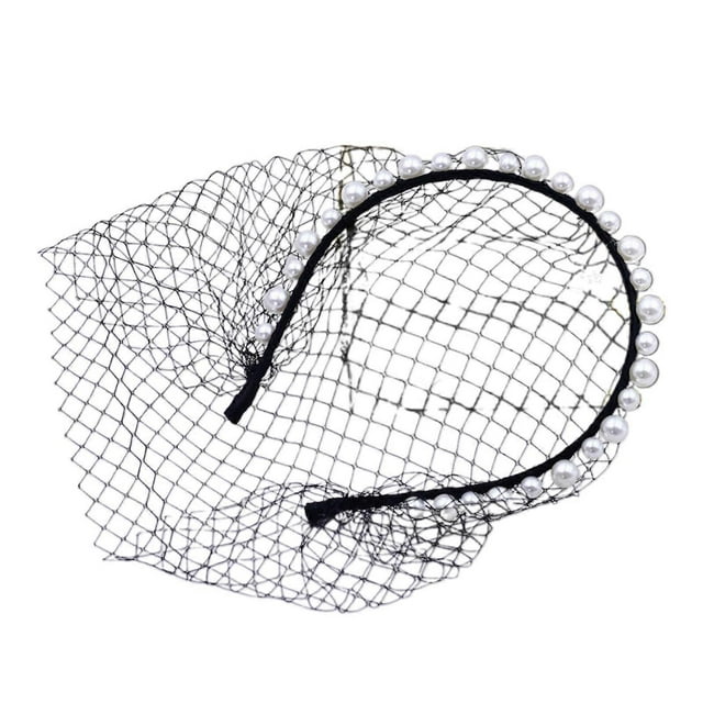 Breathable Face Veil Hairband Bridal Shower Hairhoop Head Accessory with Pearls Decors for Special Occasion Formal Outfit White