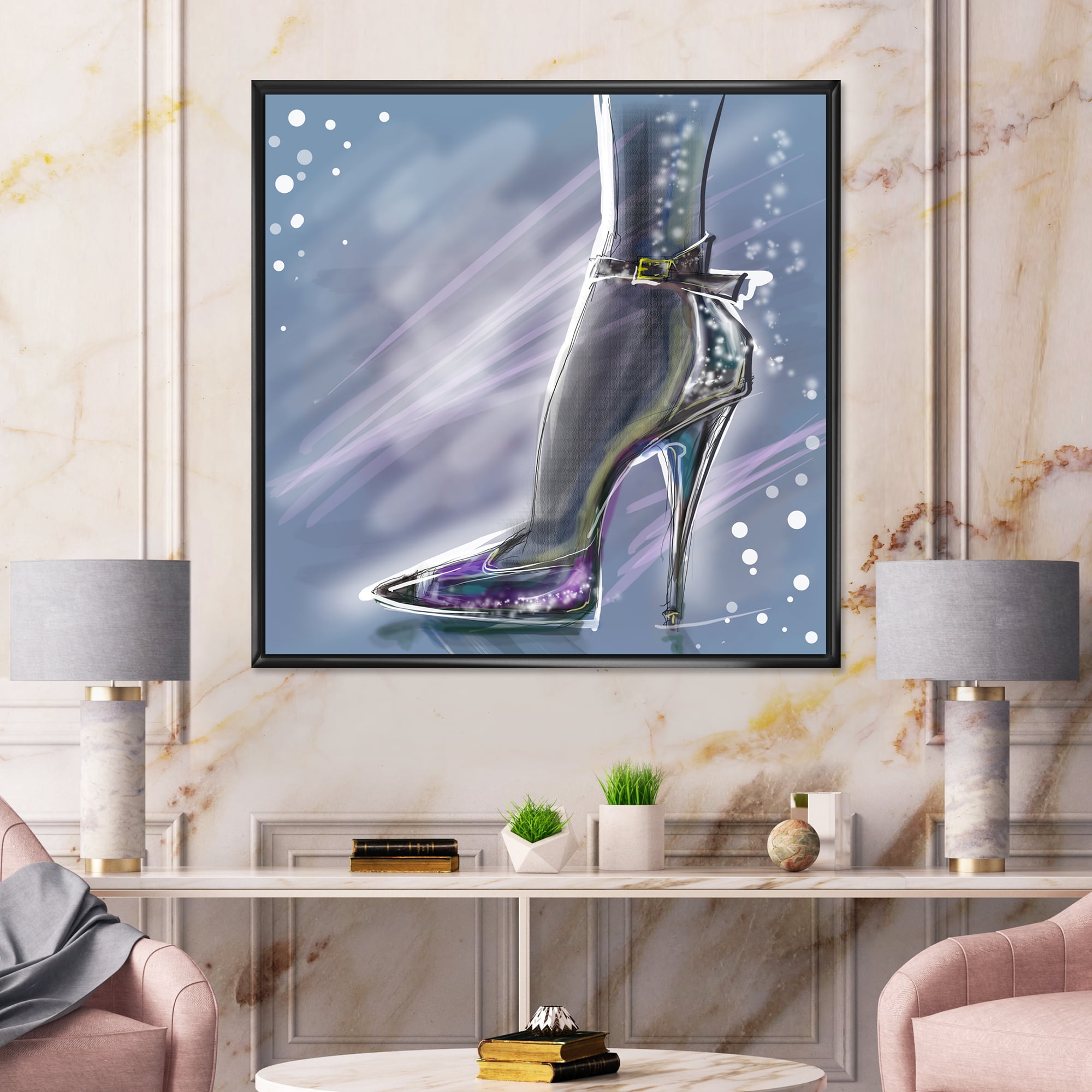 Designart 'Shiny Woman Shoe High Heeled Stiletto With Glitter' Modern Framed Canvas Wall Art Print