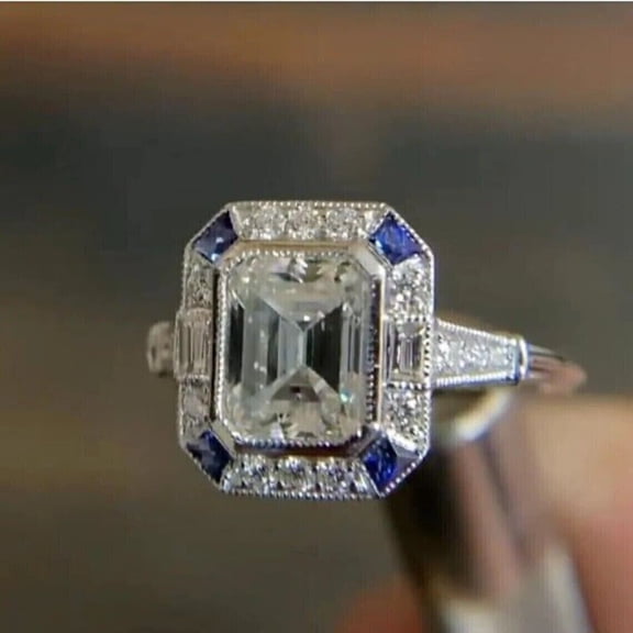 Dazzlingdaimonds Jewels 3.00 Ctw Emerald Cut Sapphire & White Diamond Wedding Anniversary Band Ring 14K White Gold Plated 925 Sterling Silver 925 Sterling Silver -7.5