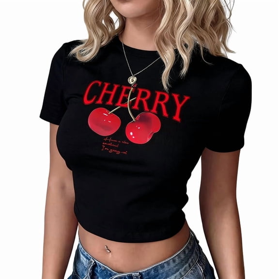 Women'S Y2K Graphic Shirt Cherry Print Short Sleeve Slim Fitted Summer Vintage Cropped Tee Black S