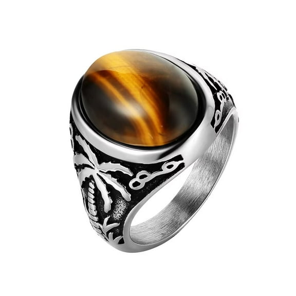 PAURO Men's Oval Gemstone Ring with Coconut Tree Leaf Carved Rings Classic Vintage Gothic Jewelry Brown Size 10
