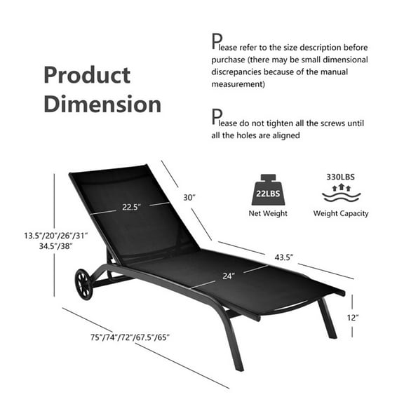 Aimee Lii 6-Poisition Adjustable Outdoor Chaise Recliner with Wheels, Patio Loungers, Black