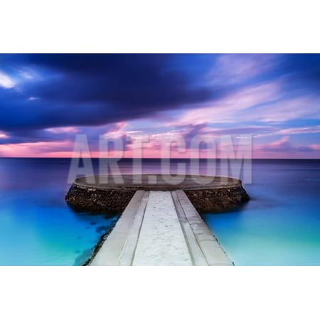 Beautiful Pier in Sunset, Dramatic Purple and Blue Cloudy Sky, Place for Romantic Dinner, Luxury Re Print Wall Art By Anna