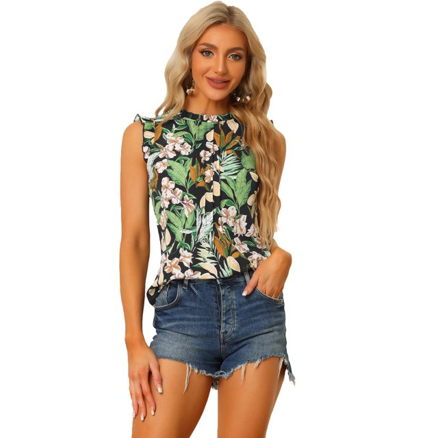 Blusas Elegante Sin Mangas Vintage De La Década De 1950 Con Volantes Para Oficina De Negocios Para Mujer Flores negras S