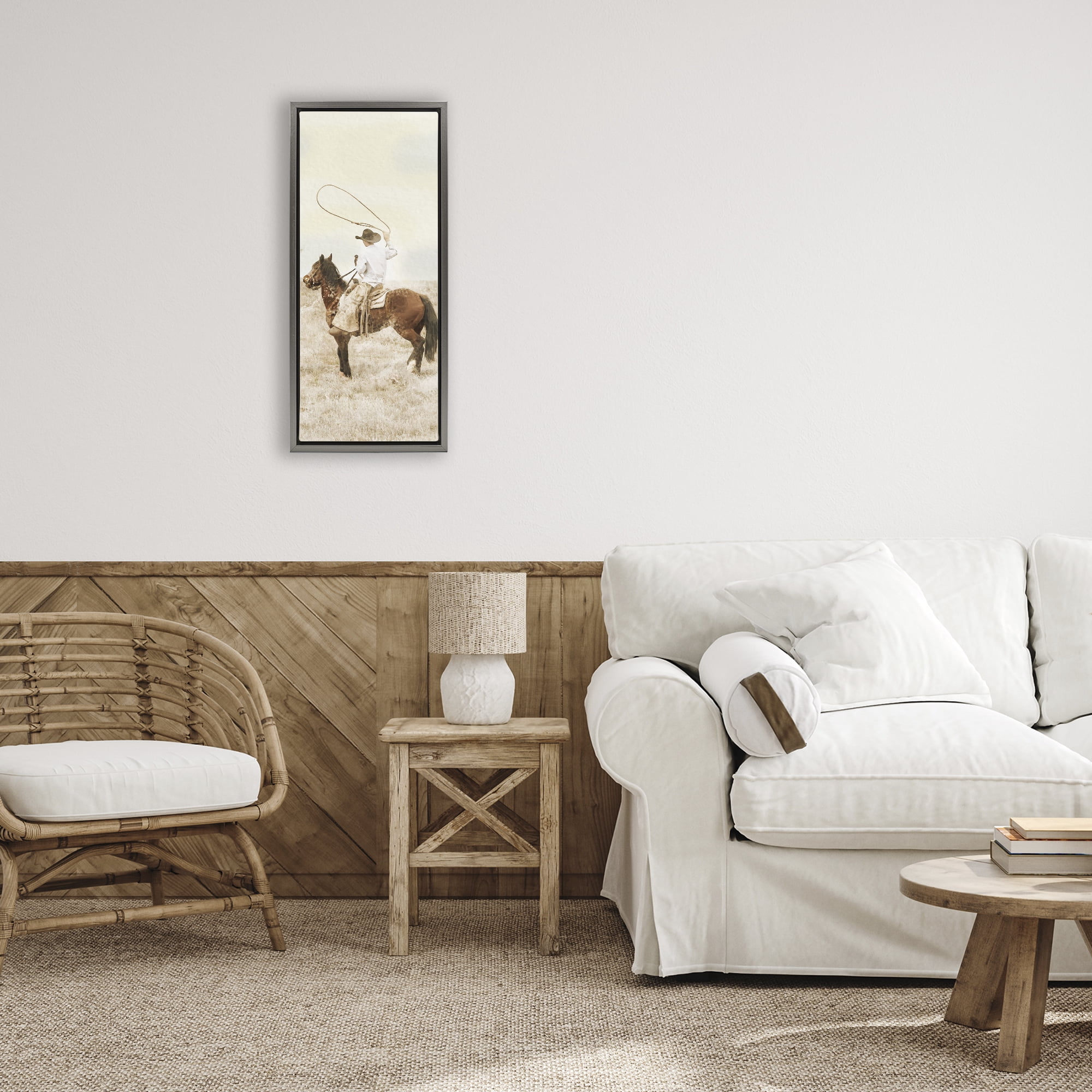 Stupell Industries Wrangling Cowboy Lasso Gray Framed Floater Canvas Wall Art, design by Marcus Prime