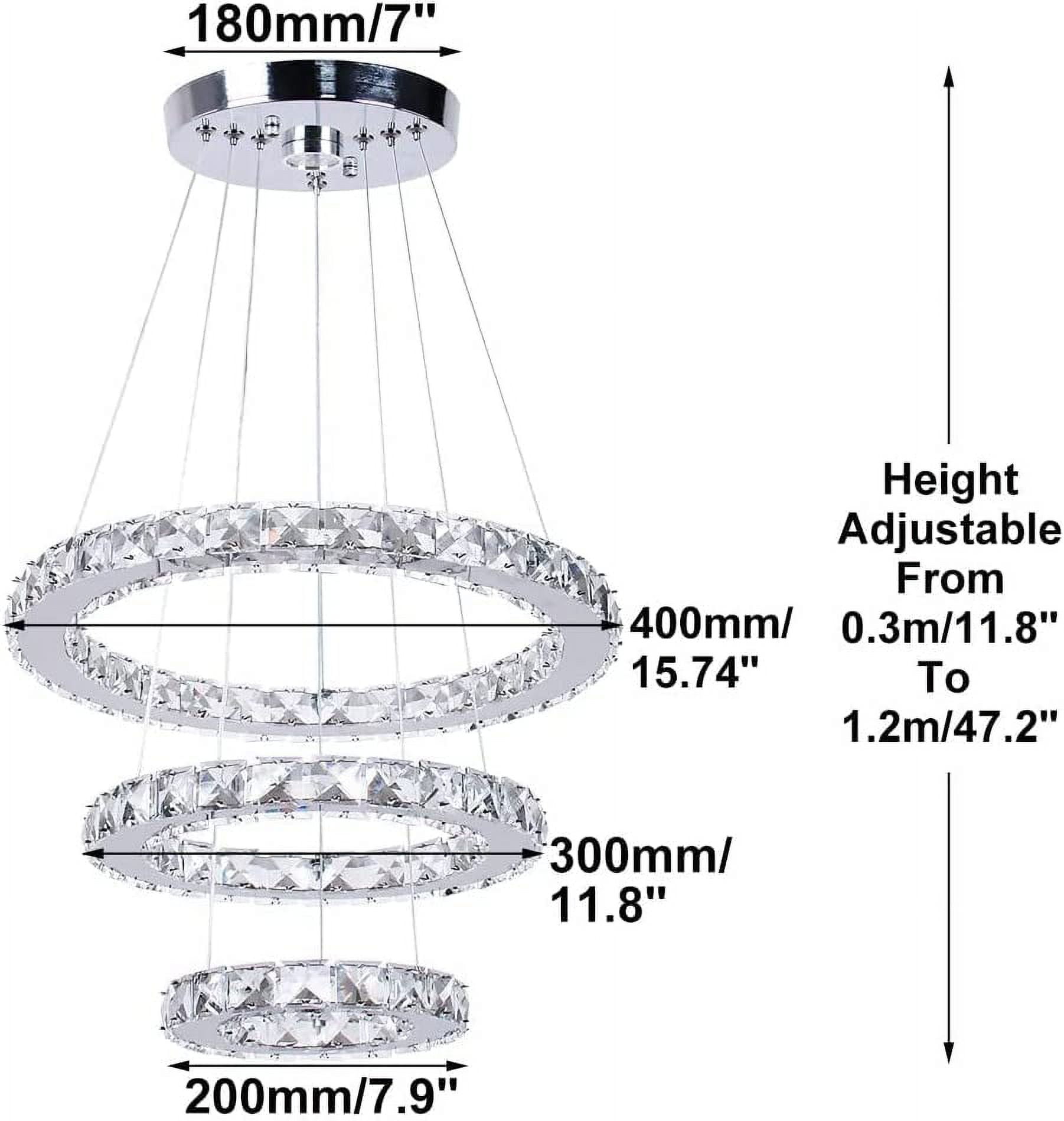 FRIXCHUR Dimmable Crystal Chandeliers LED Ceiling Light Fixture 3 Rings Adjustable Stainless Steel Pendant Light Chandelier(Multi Color)