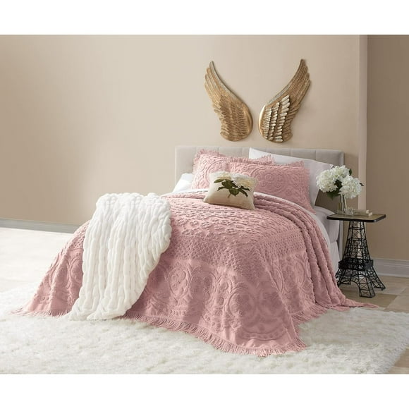 Montgomery Ward Emily Floral Chenille Bedspread, Soft Cotton Comforter, King Size Quilt in Blush - Luxury Hotel Bedding, King Bedspread (Blush, King)