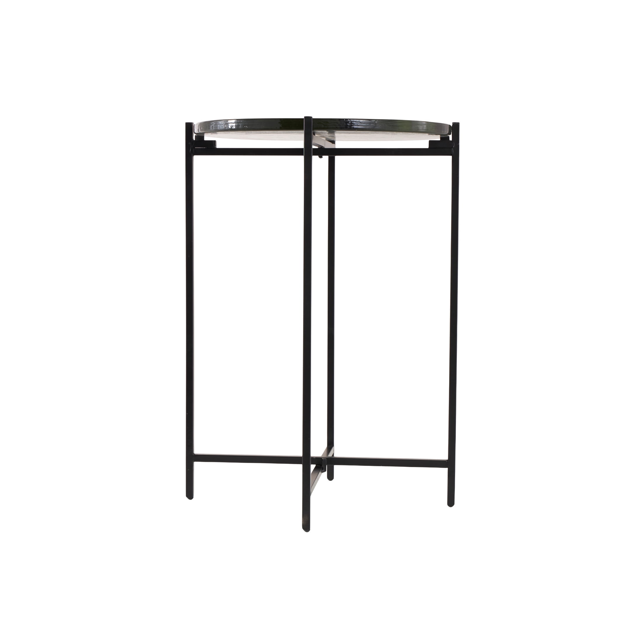 DecMode 16" x 24" Black Metal X-Shaped Accent Table with Textured Glass Tabletop, 1-Piece