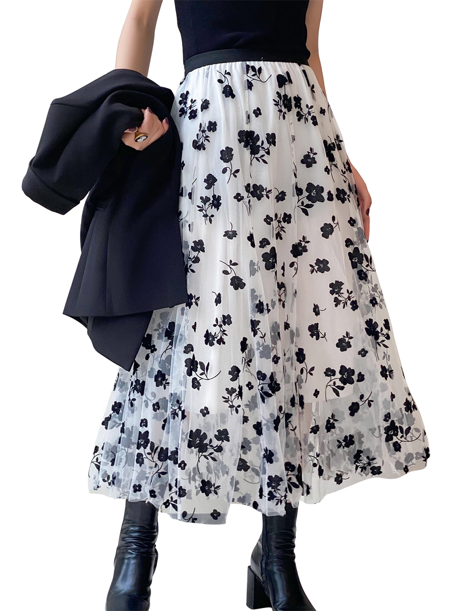 Jkerther Women Floral Tutu Tulle Mesh Flower Print Skirts Elastic High