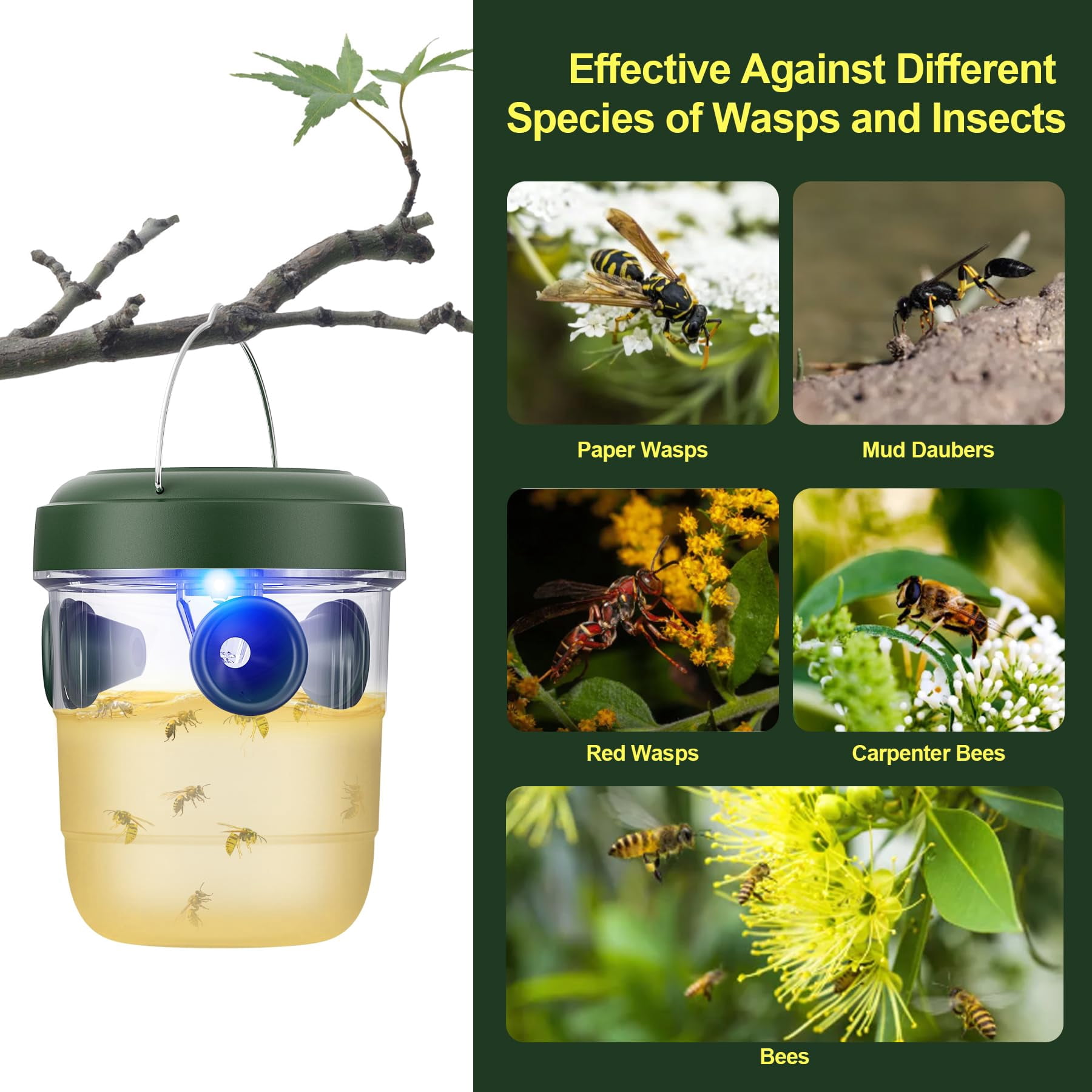 Meottam Solar Powered Wasp Traps Outdoor Hanging, New Upgrade Wasp Trap Bee Insect Killer with LED Light, Hornet Trap for Outside Garden, Patio, Backyard, Camping, 2 Packs