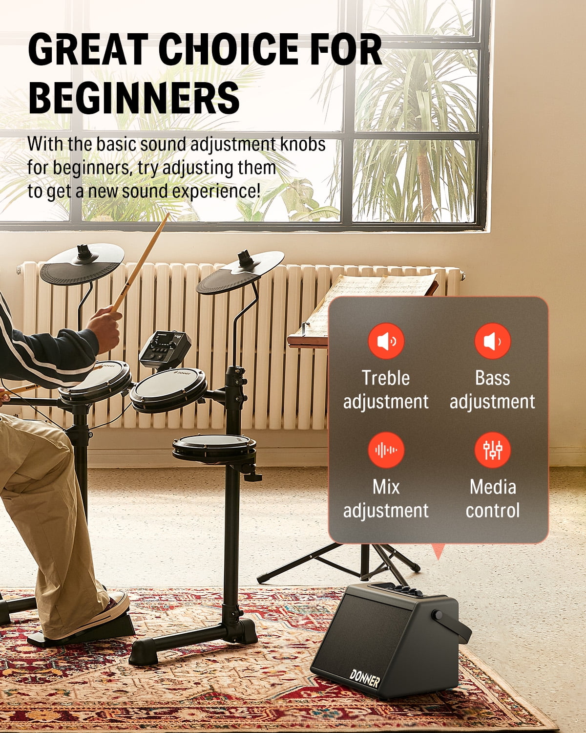 Donner Electric Drum Amp, 20W Mini Wireless Beginner Electronic Drum Amplifier Keyboard Speaker for Home Practice Oudoor