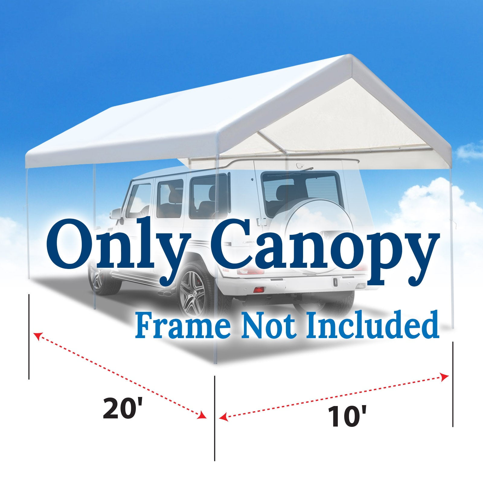 SUNNY OUTDOOR 12x20' Carport Tent Top Garage COVER ONLY w Bungee, Waterproof Replacement Canopy (White)