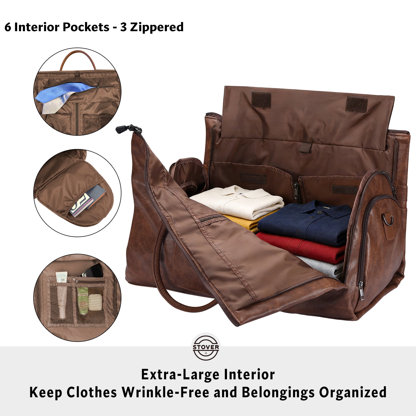 STOVER Garment Travel Duffle Bag, Large 2-in-1 Convertible Carry-on Luggage (Brown Leatherette)