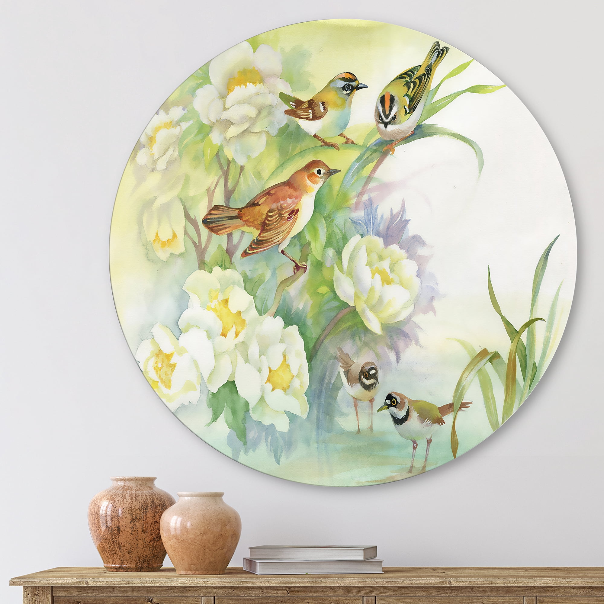 Designart 'Birds and Flowers In Rustic Scenery' Traditional Circle Metal Wall Art 11x11 - Disc of 11