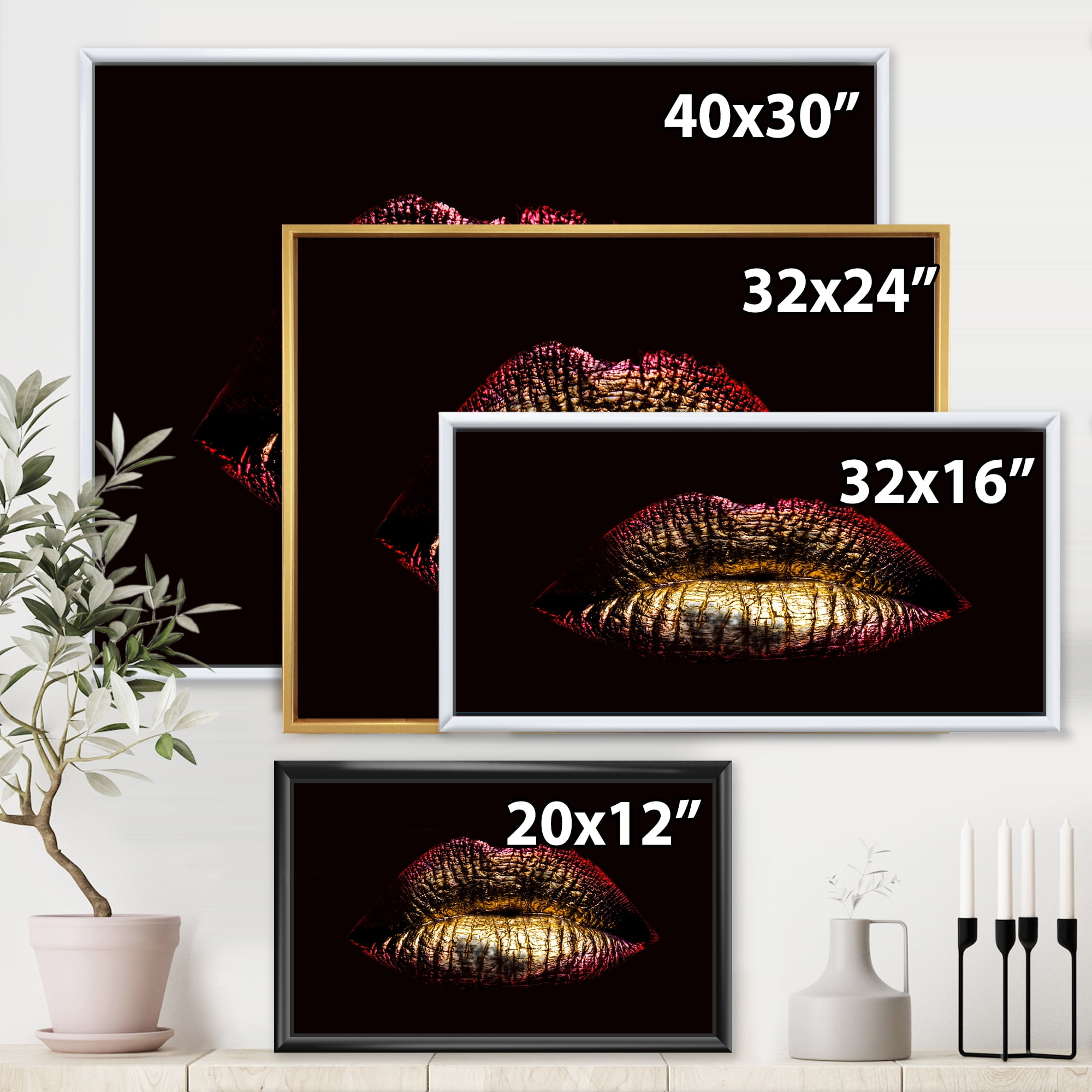 Sexy Golden Metallized Woman Lips IV 32 in x 16 in Framed Photography Canvas Art Print, by Designart