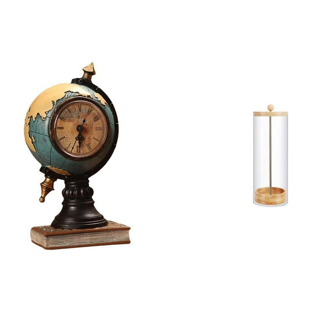 Reloj de mesa moderno con forma de globo terráqueo y organizador de pajitas transparente para estantería de oficina, armario de dormitorio y decoració