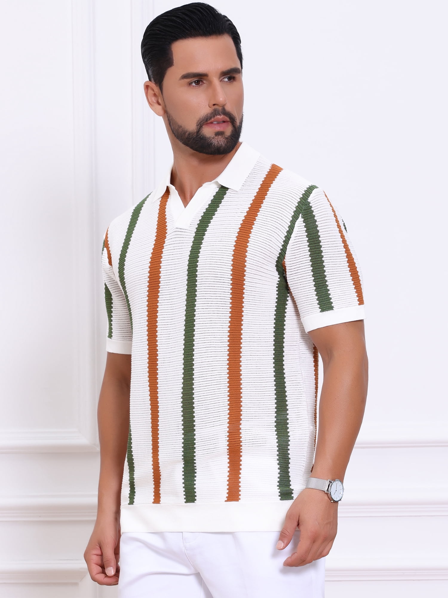 DARING DIVA Men's Hollow Knit Polo Shirt V Neck Short Sleeve Golf Polo Shirts 2XL White
