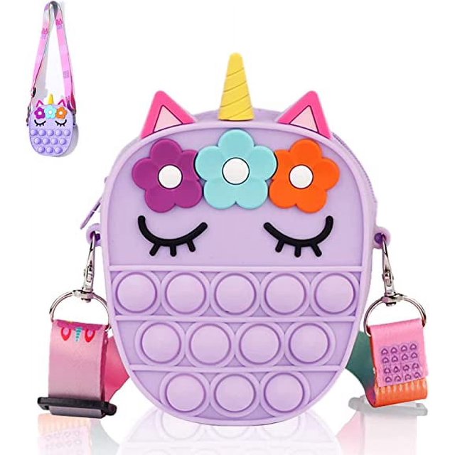 Bolso de hombro de dibujos animados, bolso de mensajero pequeño de unicornio, bolso de mensajero de silicona, correa de hombro ajustable, alivia la ansiedad, Sil-púrpura
