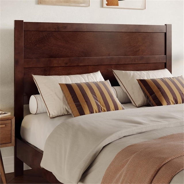 Pemberly Row Queen Mid-Century Panel Solid Wood Headboard in Walnut
