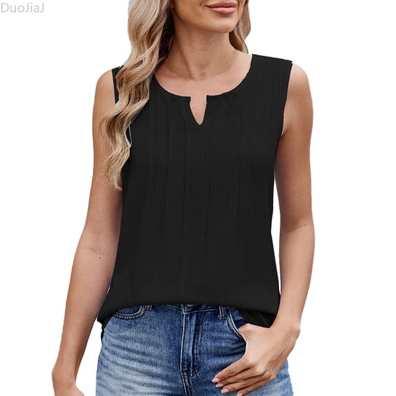 DuoJiaJ Women's Solid Color V Neck Stretch Sleeveless Loose Chiffon Vest Summer Tank Tops Women Black L