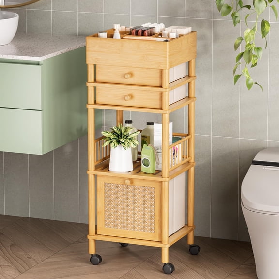 Bathway Bamboo Makeup Organizer Cart with 3 Drawers, Floor Skin Care Storage for Bathroom Bedroom, Rolling Vanity Organizer Cart for Cosmetic, Nail Polish, Perfume and Hair Tools