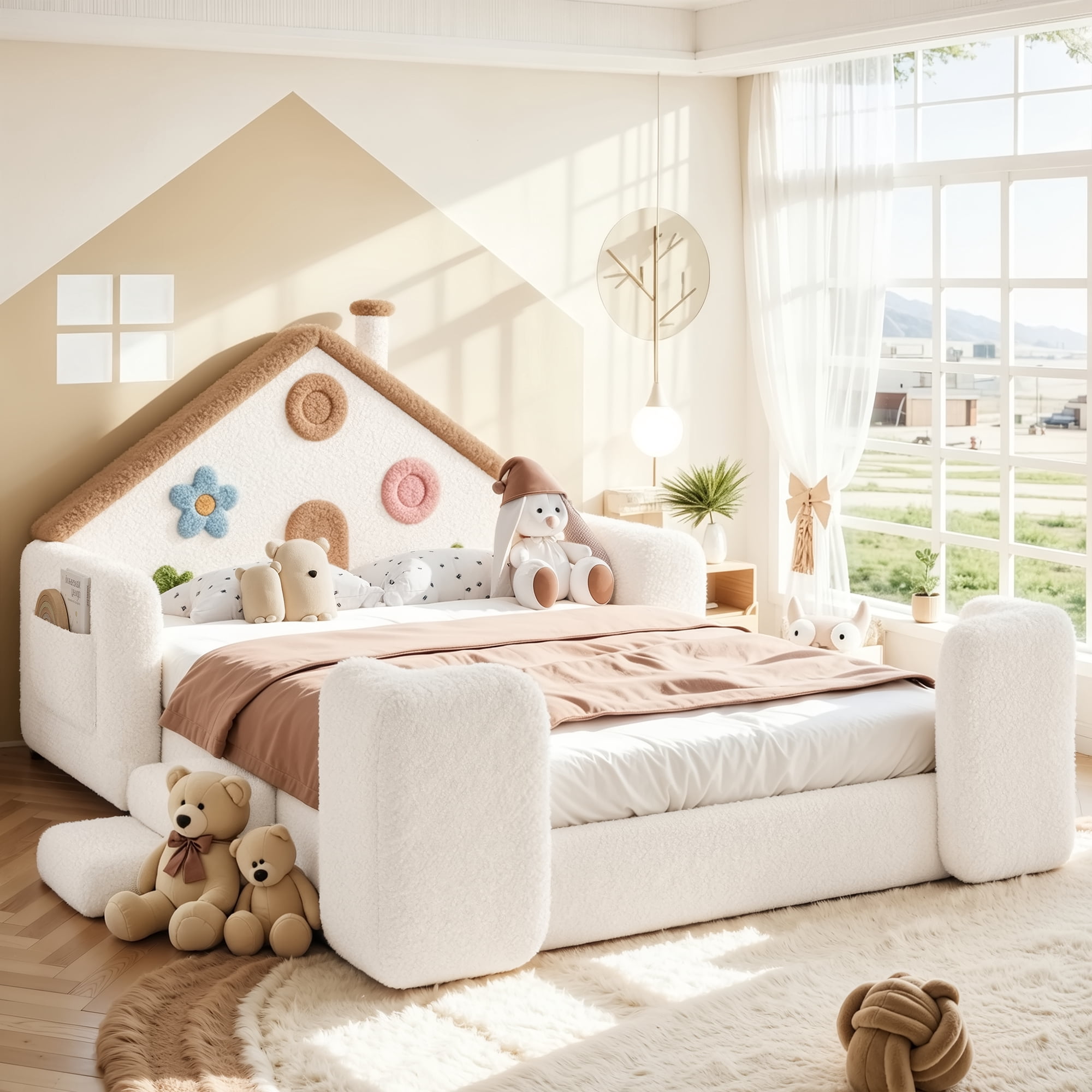 HOQBN Full House Shaped Upholstered Floor Bed, Upholstered Kids Bed with Safety Side Rails, Low Floor Playhouse Bed for Nursery & Kids Bedroom Beige & Natural