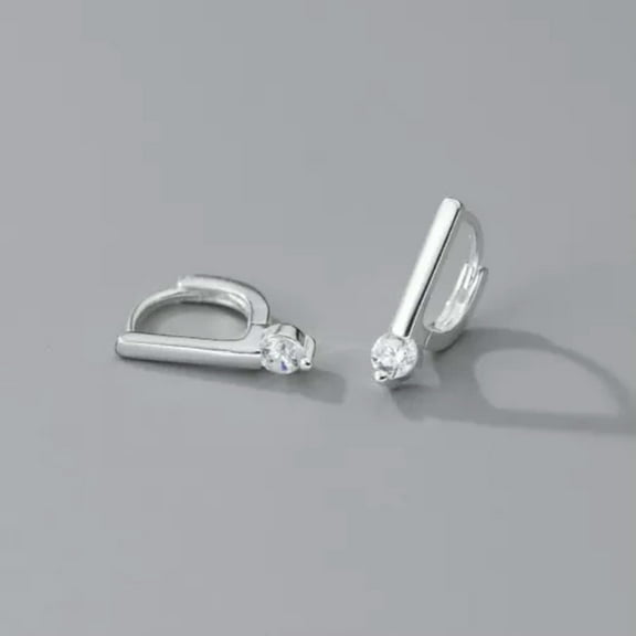 EOEMY Pair 925 Sterling Silver Crystal D Shape Hoop Huggie Earrings Women Gift-Silver