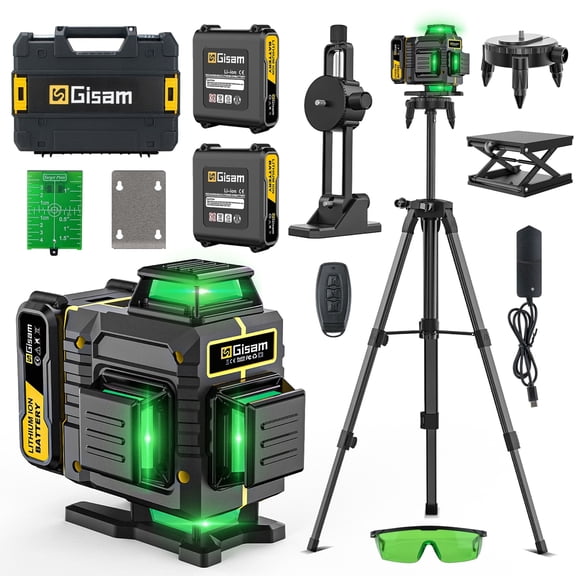 Gisam Laser Level with Tripod , 4x360° Self-Leveling Green Cross Line 4D Laser Tool with Remote Control, Magnetic Bracket  & 2* 4800mAh Battery