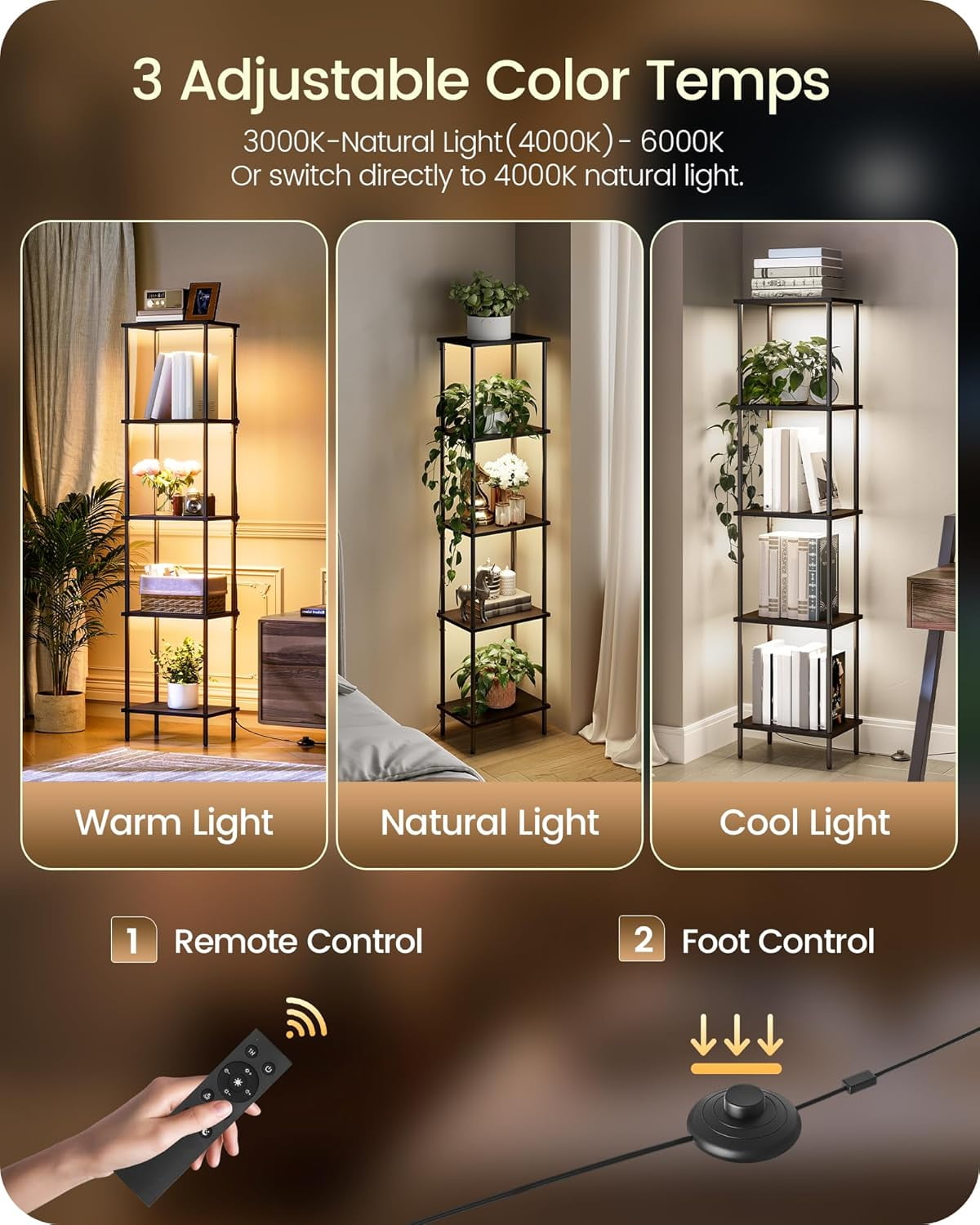GOEBLESON 5-Tier Corner Floor Lamp with Shelves, Dimmable LED Bookshelf Light for Living Room, Remote & Foot Control, 3CCT Timer, Black