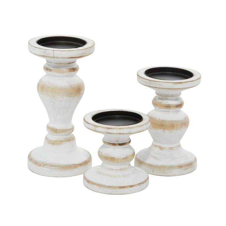 DecMode Farmhouse White Washed Wood Pillar Candle Holders Set of 3 photo 6