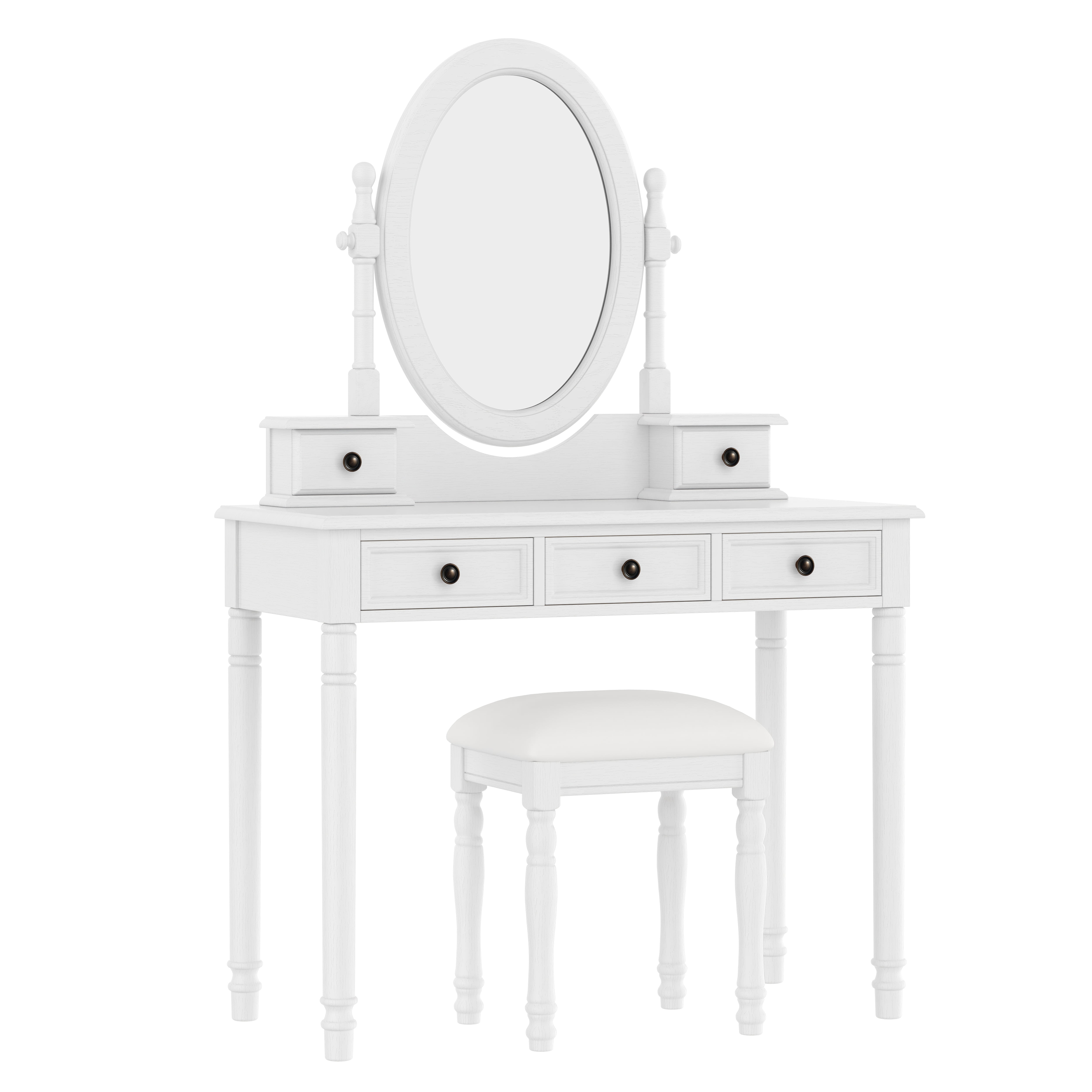 Euroco Vintage Wooden Vanity Desk Set with Adjustable Mirror, Cushioned Stool & 5 Velvet-Lined Drawers, Solid Wood Makeup Table with Oval Mirror and Carved Details