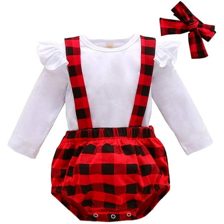 

Zukuco Infant Baby Girl Outfits Ruffle Long Sleeve Romper+Plaid Suspender Pants+Headband 3pcs Clothes Set