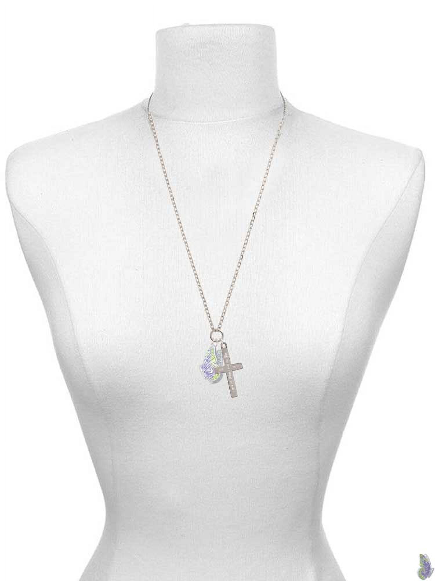 Delight Jewelry Silvertone Large Translucent Purple & Lime Green Flying Butterfly Everlasting Love Engraved Cross Zoey Necklace, 28"