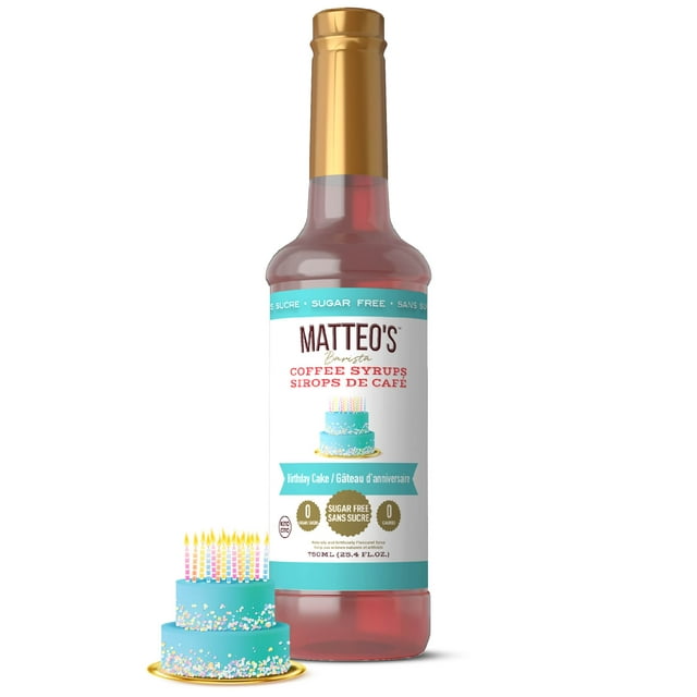 Matteo's Sugar Free Coffee Syrup, Birthday Cake flavor, 750mL bottle with 0 calories and 0 sugar. The bottle features a gold cap and a label with a colourful birthday cake illustration, emphasizing its keto-friendly and sugar-free attributes. Ideal for enhancing coffee with a sweet, sugar-free flavor.