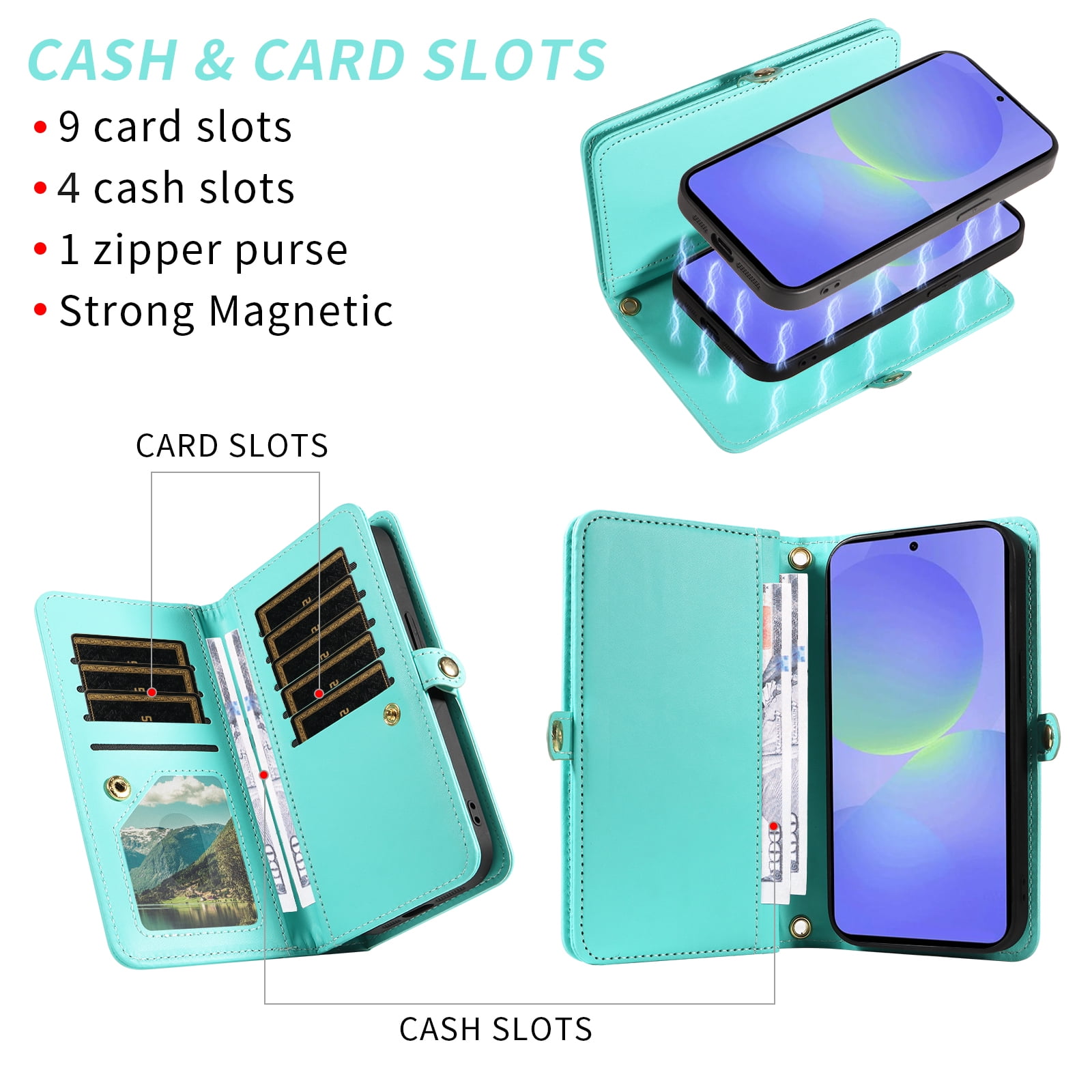 Asuwish Phone Case for Samsung Galaxy A16 5G/4G Zipper Wallet Detachable Cell Cover with Tempered Glass Screen Protector Crossbody Lanyard Strap Bling Glitter Flip Card Holder Slot SM-A 16 16A Green