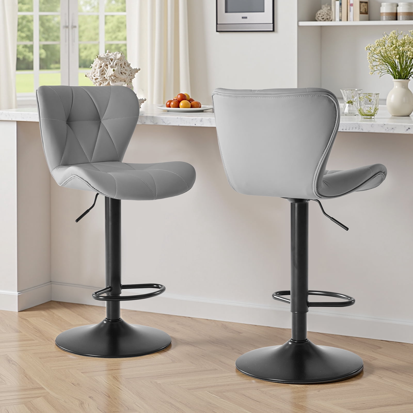 Swivel Bar Stools Set of 2 Adjustable Counter Stools Bar Chairs, Faux Leather High Back Barstools for Kitchen Island, Grey