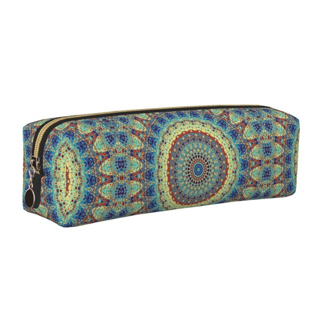 Fotbe Round Mandala1 Estuche para Lápices de Cuero con Estampado, Estuche con Cremallera Resistente, Organizador Compacto y Elegante para Papelería