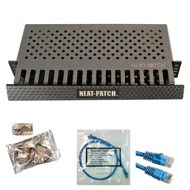 Neat Patch MINI 1U Low Profile Cable Management Kit - 1 Pack w/ 24 CAT6 Patch Cables (1FT Blue)