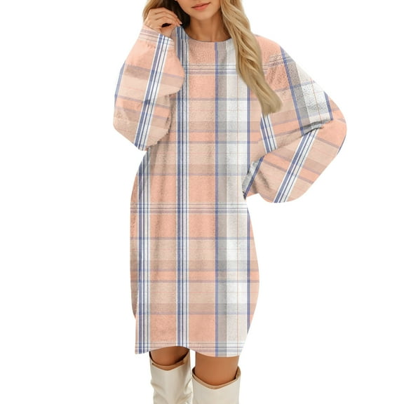 Delconic Women’s Long Sleeve Plaid Print Casual Loose Fit Pullover Dress Crew Neck Soft Fabric Comfortable Style for Daily Wear Complexion L