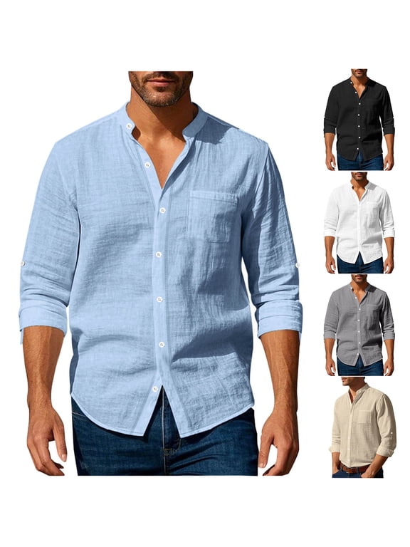 Men's Linen Henley Shirts Button Down Rolled Sleeve Solid Color Lightweight Shirts Casual Loose Work Shirts White 2XL