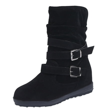 

Women Buckle Keep Toe Shoes Snow Booties Warm Middle Strap Color Round Solid Flat Retro Women s Boots