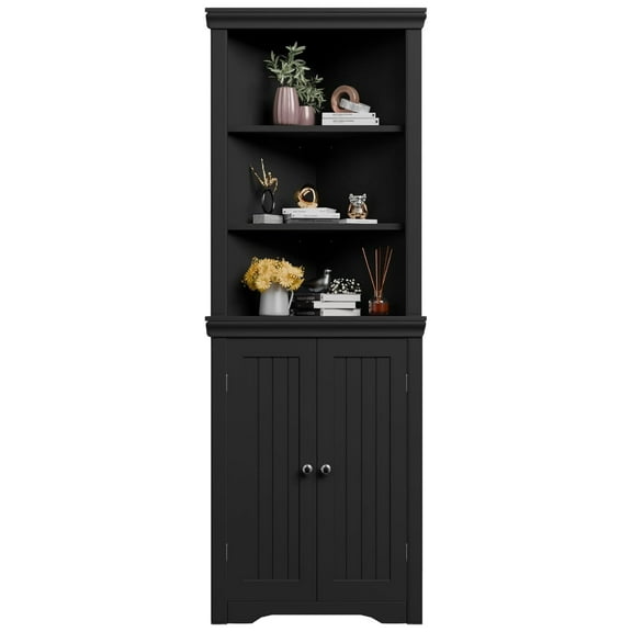 62" Corner Cabinet, Bathroom Storage Cabinet with 6 Adjustable Shelves & 2 Doors, Freestanding Corner Shelf for Living Room, Bathroom, Kitchen (Black)