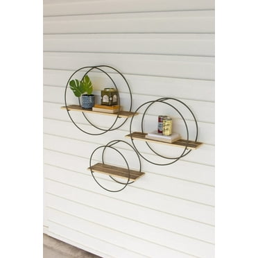 KALALOU CQ7488 Set of Three Recycled Wood Shelves with Round Metal Frames