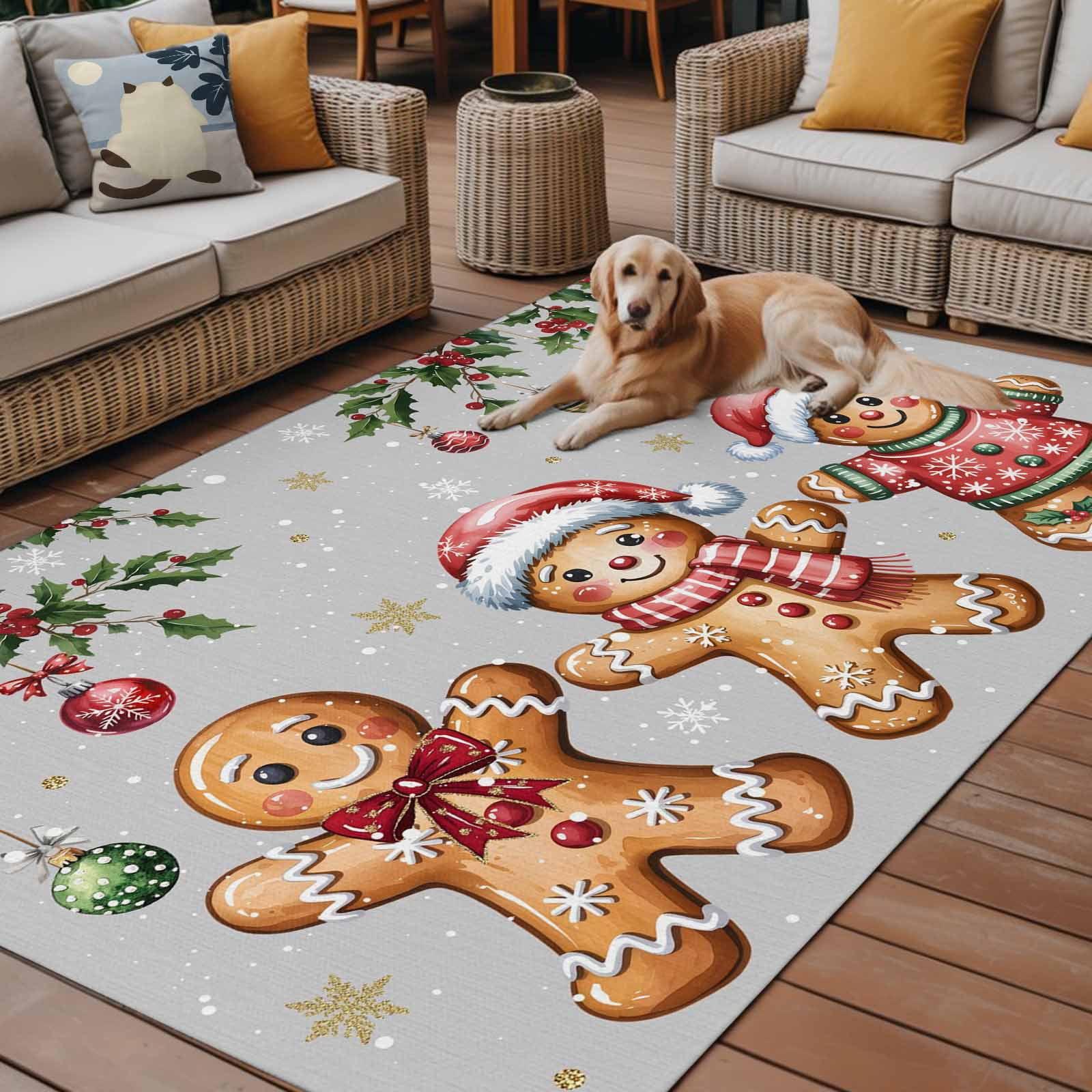 Fsddascl Grey Christmas Gingerbread Outdoor Rug for Patio/Deck/Porch, Non-Slip Large Area Rug 4 x 6 Ft, Xmas Balls Snowflake Indoor Outdoor Rugs Washable Area Rugs, Camping Rug Carpet Runner