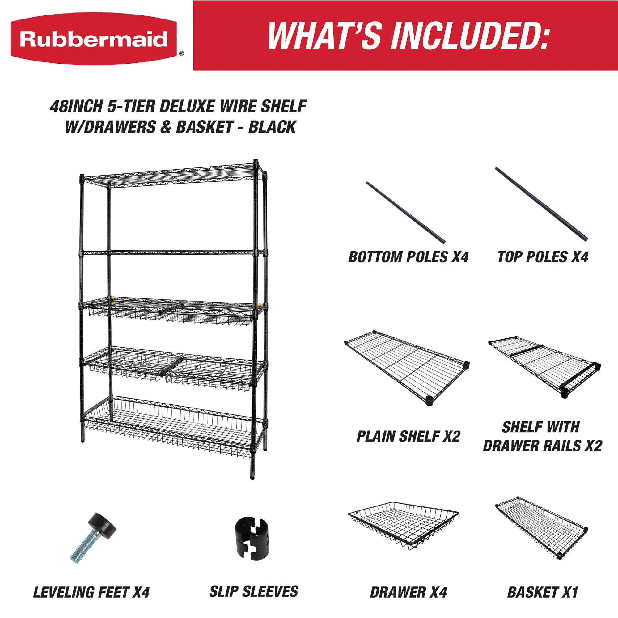 Rubbermaid 5-Tier Deluxe Heavy Duty Black Wire Shelving Unit with Drawers & Basket, 1520lb Capacity