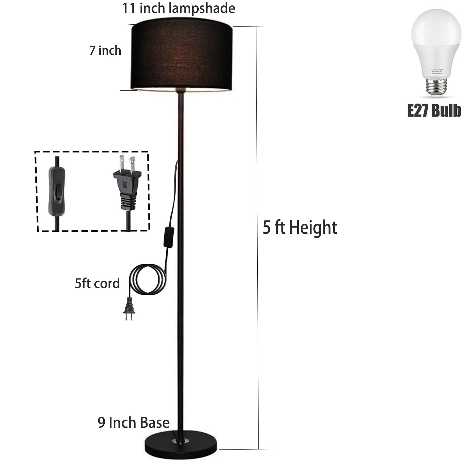 Susuzi Modern Floor Lamp Simple Design, 60" Tall Lamps for Living Room Bedroom Office Dining Room Kitchen, Black Pole Lamp With Bulb