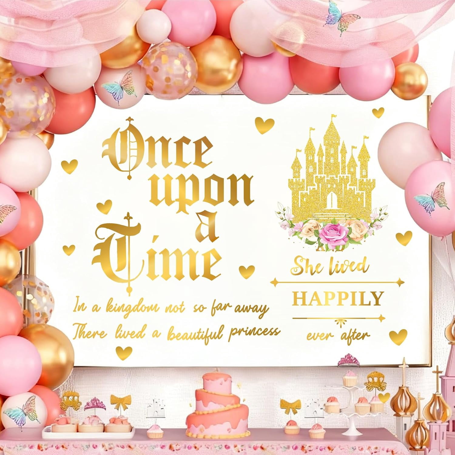 Happy Birthday Sign Sticker Once Upon a Time Decals for Backdrop Princess Birthday Party Decorations Signs for Balloon Arch Baby Girls Women Birthdays Vinyl Sticker Castle Photo Background Supplies