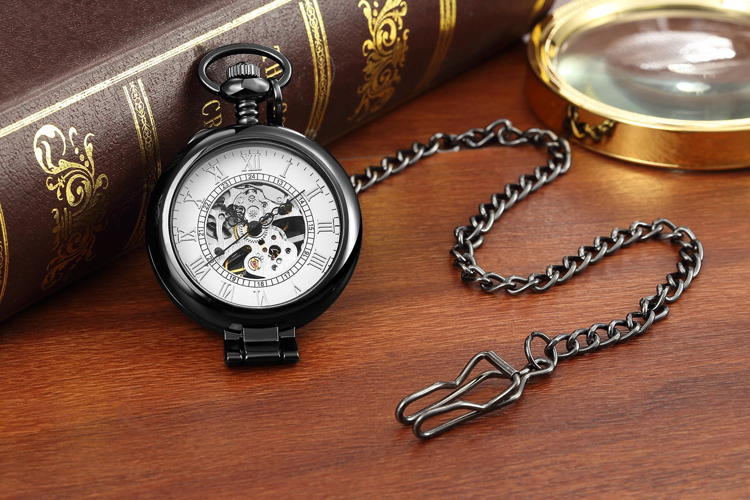 Men's Open Face Pocket Watch Skeleton Hand Winding Mechanical Pendant